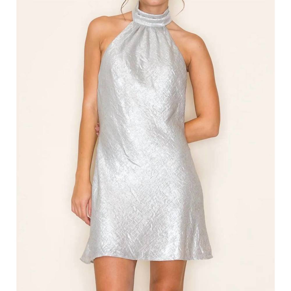 NEW B.RIGHT metallic shine halter neck mini dress in silver